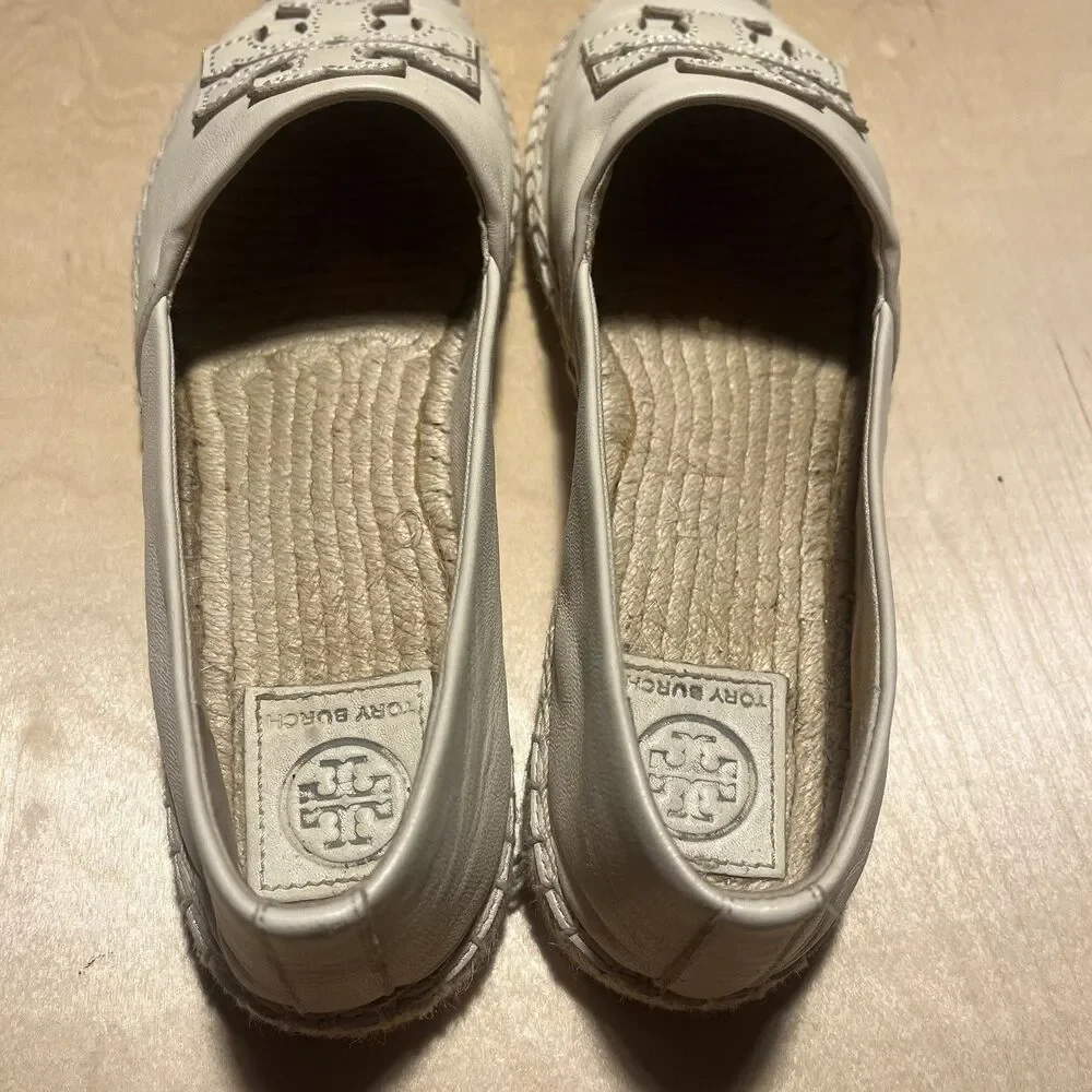 Tory Burch Women's Cream Leather Espadrille Flats Round Toe Slip-On Logo US 9